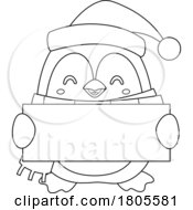 Poster, Art Print Of Cartoon Black And White Christmas Penguin Holding A Sign