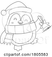 Cartoon Black And White Christmas Penguin Ringing A Bell