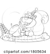 Poster, Art Print Of Cartoon Black And White Birthday Squirrel Ready To Eat An Acorn