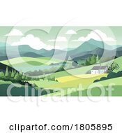 Poster, Art Print Of Fields Hills Farm House Landscape Background