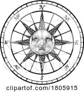 Poster, Art Print Of Compass Sun Face Etching Rose Woodcut Drawing