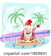 Poster, Art Print Of Cartoon Gnome Christmas Santa Claus Surfer On An Island Surrounded By Sharks