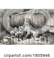 Poster, Art Print Of Mama Dog Playing With Her Puppies In A Farm Stall