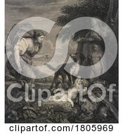 Poster, Art Print Of Woman Praising Her Dog For Finding A Baby In The A Garden With Statues And Goats At Her Side