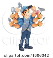 Handyman Cartoon Handy Man Caretaker Multitasking by AtStockIllustration