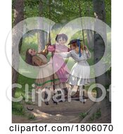 Trio Of Girls Playing On A Swing In The Wood