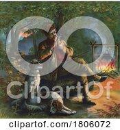 Poster, Art Print Of Man Smoking A Pipe And Sitting With His Dogs Near A Campfire