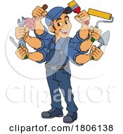Poster, Art Print Of Handyman Cartoon Handy Man Caretaker Multitasking