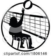 Female Senior Chair Volleyball Player Spiking Ball Over Net Circle Mascot