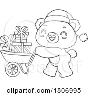 Cartoon Black And White Christmas Teddy Bear Pushing Gifts In A Wheelbarrow by Hit Toon