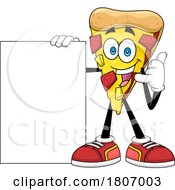 Cartoon Pizza Slice Mascot Gesturing To Call And Holding A Sign