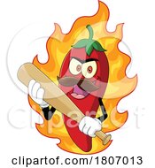 Poster, Art Print Of Cartoon Chili Pepper Mascot With Flames And A Bat