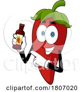 Cartoon Chili Pepper Mascot Holding A Bottle Of Sauce