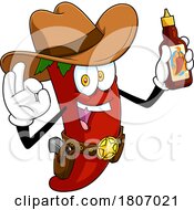 Cartoon Cowboy Chili Pepper Mascot Holding A Bottle Of Sauce