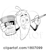 Cartoon Black And White Chili Pepper Mascot With Ramen And Chopsticks