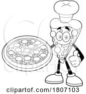 Cartoon Black And White Pizza Slice Mascot Chef Holding A Pie