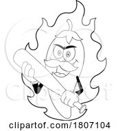 Cartoon Black And White Chili Pepper Mascot With Flames And A Bat