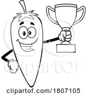 Cartoon Black And White Chili Pepper Mascot Holding A Trophy