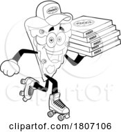 Cartoon Black And White Pizza Slice Mascot Delivering On Roller Skates