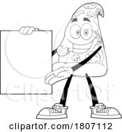 Cartoon Black And White Pizza Slice Mascot Presenting A Sign Or Menu