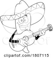 Cartoon Black And White Mexican Chili Pepper Mascot Playing A Guitar