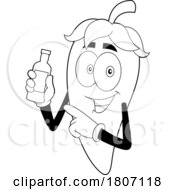 Cartoon Black And White Chili Pepper Mascot Holding A Bottle Of Sauce
