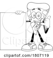 Cartoon Black And White Pizza Slice Mascot Gesturing To Call And Holding A Sign