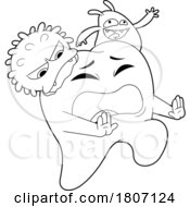 Cartoon Black And White Tooth Mascot Being Attacked By Germs And Bacteria