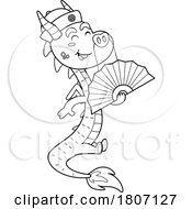 Poster, Art Print Of Cartoon Black And White Chinese Dragon With A Fan