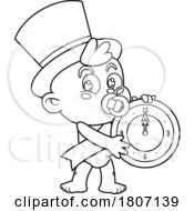 Poster, Art Print Of Cartoon Black And White New Year Baby With A Clock