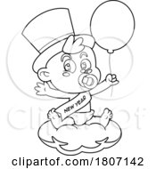 Cartoon Black And White New Year Baby With A Balloon On A Cloud