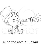 Cartoon Black And White New Year Baby Blowing A Horn
