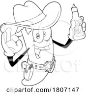 Cartoon Black And White Cowboy Chili Pepper Mascot Holding A Bottle Of Sauce