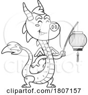 Poster, Art Print Of Cartoon Black And White Chinese Dragon With A Lantern