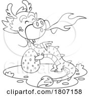 Poster, Art Print Of Cartoon Black And White Chinese Dragon With An Egg