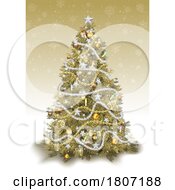 Poster, Art Print Of Gold And Silver Christmas Tree Over A Snowflake Background