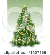 Poster, Art Print Of Green Christmas Tree Over A Snowflake Background