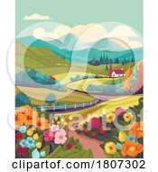 Poster, Art Print Of Fields Landscape Flowers Farm House Background