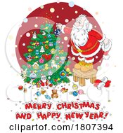 Cartoon Santa Claus Decorating A Christmas Tree With A Greeting