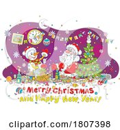 Poster, Art Print Of Cartoon Snowman And Santa And Christmas Greeting