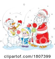 Cartoon Santa Claus And Snowman With A Boy