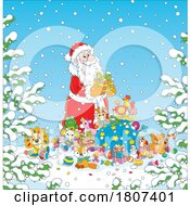 Poster, Art Print Of Cartoon Santa With Gifts In The Snow