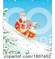 Poster, Art Print Of Cartoon Santa And Snowman Sledding