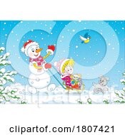 Poster, Art Print Of Cartoon Christmas Winter Snowman And Kid On A Sleigh