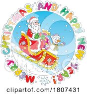 Poster, Art Print Of Cartoon Sledding Snowman And Santa With A Greeting