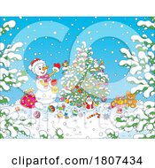Poster, Art Print Of Cartoon Christmas Winter Snowman Decorating A Tree