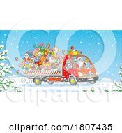 Cartoon Santa Driving A Christmas Truck With Toys And Gifts