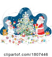 Cartoon Santa Claus And Snowman Decorating A Christmas Tree