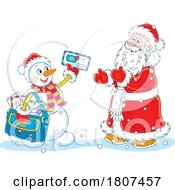 Cartoon Santa Claus And Snowman Exchanging Christmas Mail