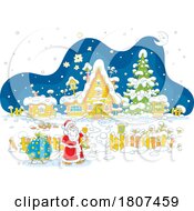 Poster, Art Print Of Cartoon Santa Pulling A Sleigh By A Cottage On Christmas Eve